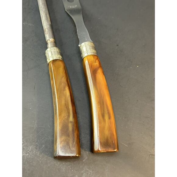Meat Fork and Sharpener Bakelite Vintage MCM Handle Stainless Steel Greek Key - Picture 2 of 9